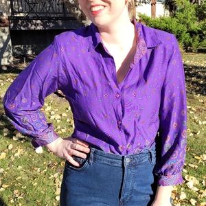 Vintage purple paisley button up shirt, retro purple 80s blouse